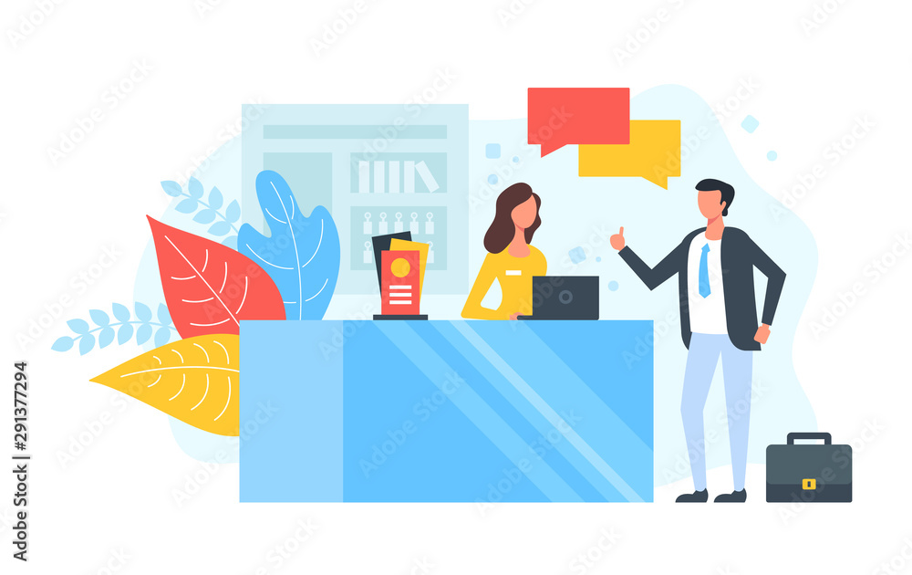 Reception. People talking in hotel lobby or at the information desk. customer service, receptionist, client assistance, help, check-in concepts. Modern flat design. Vector illustration Reception. People talking in hotel lobby or at the information desk. customer service, receptionist, client assistance, help, check-in concepts. Modern flat design. Vector illustration