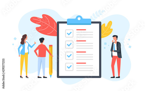 Checklist. Group of people and clipboard with check list and checkmarks. Business plan, marketing strategy, survey, complete tasks, teamwork success concepts. Modern flat design. Vector illustration