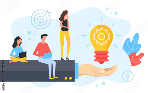 Creative idea. Group of people sitting on businessman hand with light bulb and gear. Brainstorming, marketing, teamwork, business solution concepts. Modern flat design. Vector illustration