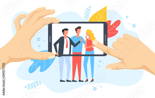 People taking photo on mobile phone. Hands holding smartphone with group of people on screen. Selfie, social media, taking picture concepts. Modern flat design. Vector illustration