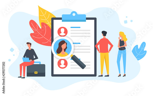 Human resources. People and clipboard with job candidates list and magnifying glass. Employment, job search, recruitment, recruiting, hr concepts. Modern flat design. Vector illustration