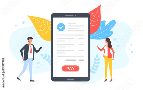 Mobile payment. People and smartphone with check mark and pay button on screen. Pay with your phone, online shopping, payment app, digital transaction concepts. Modern flat design. Vector illustration