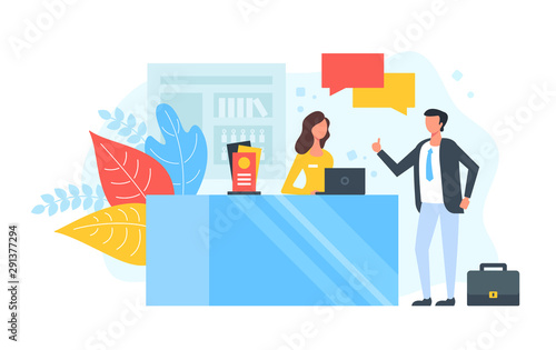 Reception. People talking in hotel lobby or at the information desk. customer service, receptionist, client assistance, help, check-in concepts. Modern flat design. Vector illustration