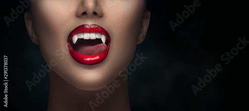 Fotografie, Obraz Sexy Vampire Woman's red bloody lips close-up