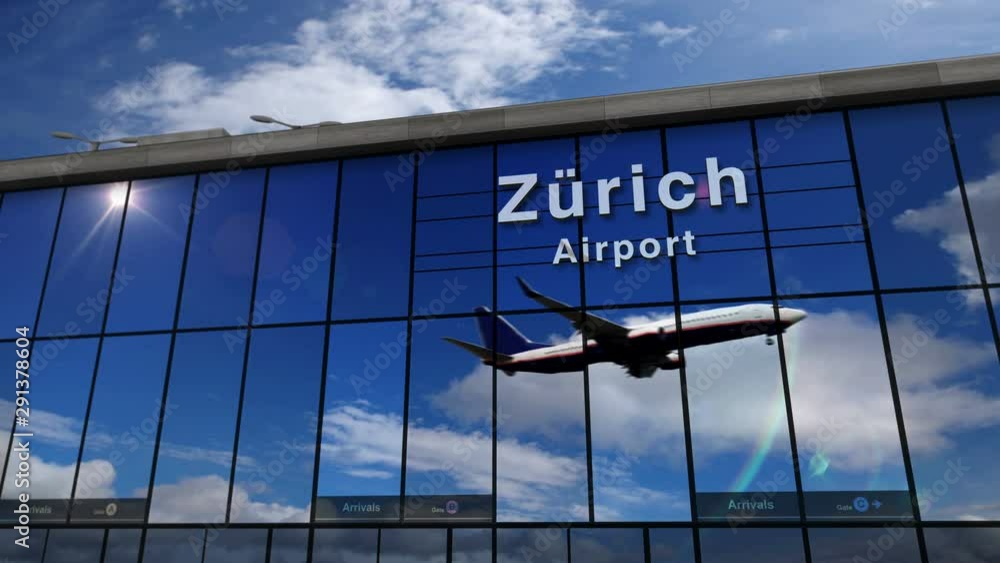 Jet aircraft landing at Zurich (Zürich) Switzerland 3D rendering animation. Arrival in the city with the glass airport terminal and reflection of the plane. Travel, business, tourism and transport.