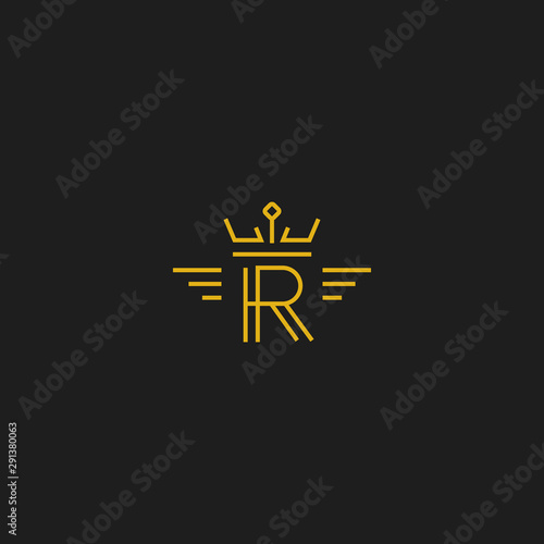 Letter R logo in monoline line style gold color icon with crown and wing