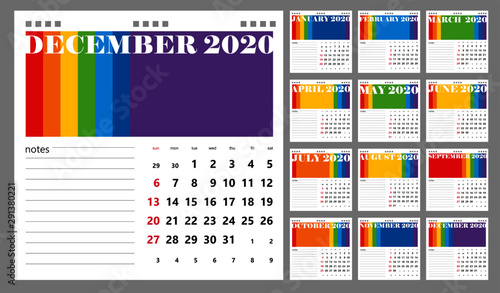 Creative calendar 2020 with rainbow design, saturdays and sundays selected, english language. Multicolored template for web, business, print, postcard, wall, bookmark and banner.