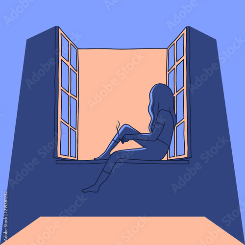 Vector illustration of a young woman smoking in open window at night. Woman with cigarette, alone. Flat cartoon style.
