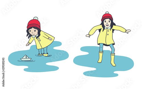 The little girl n raincoat and rubber boots launches paper boat and jump in puddle. Cartoon style. Isolated on white background. Child, kid character vector illustration.