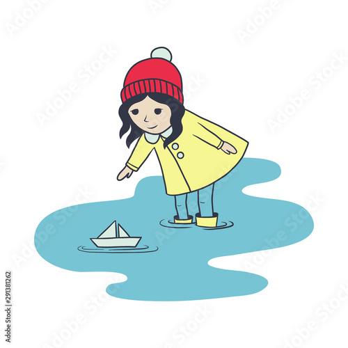 The little girl n raincoat and rubber boots launches paper boat in a puddle. In cartoon style. Isolated on white background. Child, kid character vector illustration.