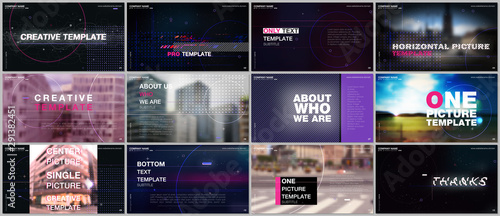 Presentations design vector template with technology backgrounds, glitches, lines, dots and circles. Templates for presentation slide, flyer leaflet, brochure cover. Hi-tech futuristic graphic concept