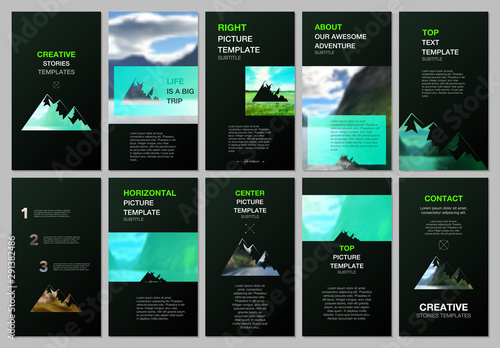 Creative social networks stories design, vertical banner or flyer template. Covers design templates for flyer, brochure. Background for tourist camp, nature tourism, camping. Aadventure design concept