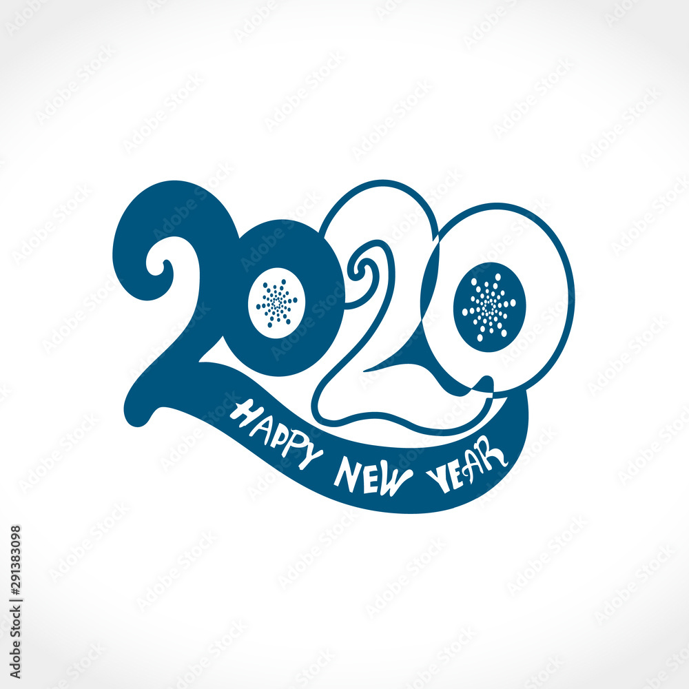 Happy New Year 2020 logo text design. Flat vector template 2020 with wishes. Design template card, cover, calendar,  brochure, poster, banner. Black symbol on a light background.
