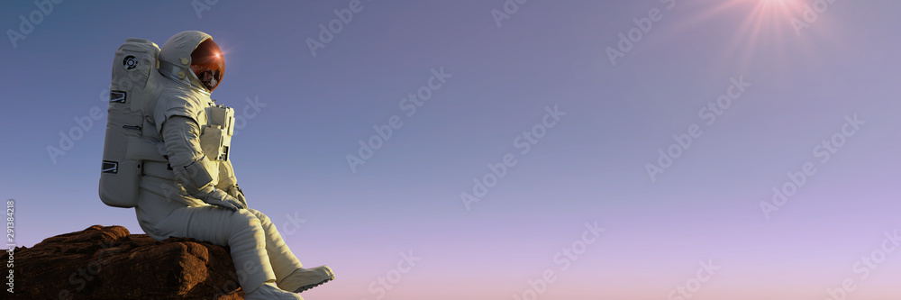 astronaut sitting on a cliff enjoying the view over an alien world
