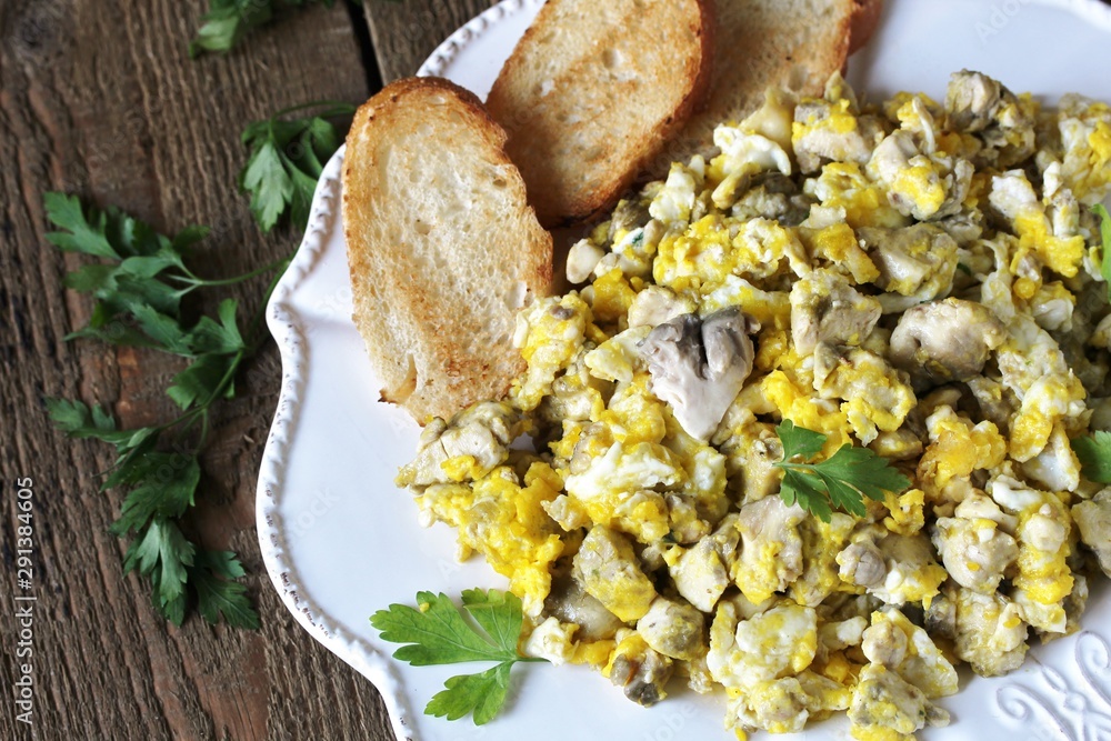 Scrambled eggs with brains of a cow, calf or sheep.The recipe for a