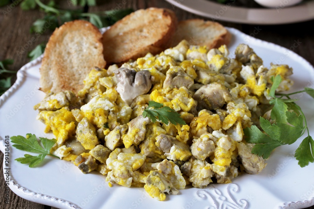 Scrambled eggs with brains of a cow, calf or sheep.The recipe for a