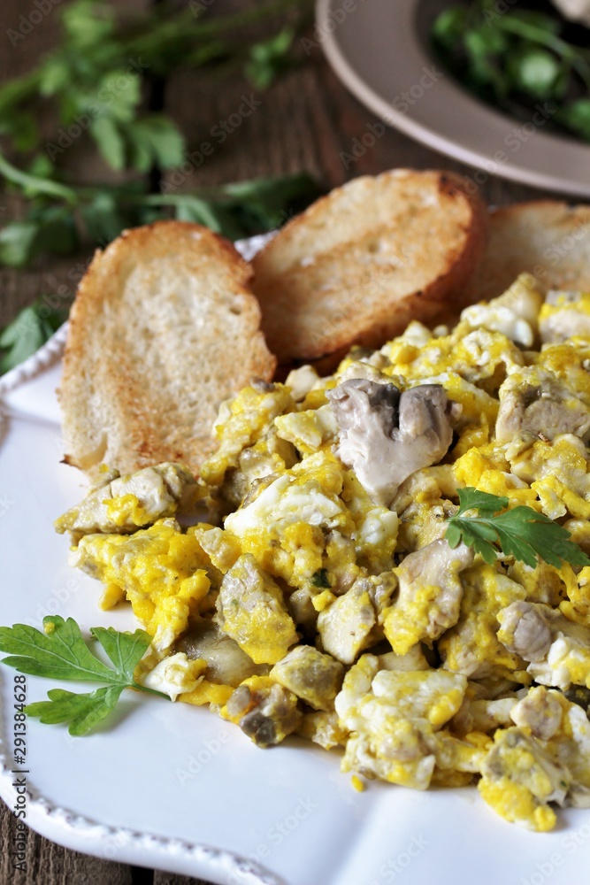 Scrambled eggs with brains of a cow, calf or sheep.The recipe for a dish with brains. Brains are