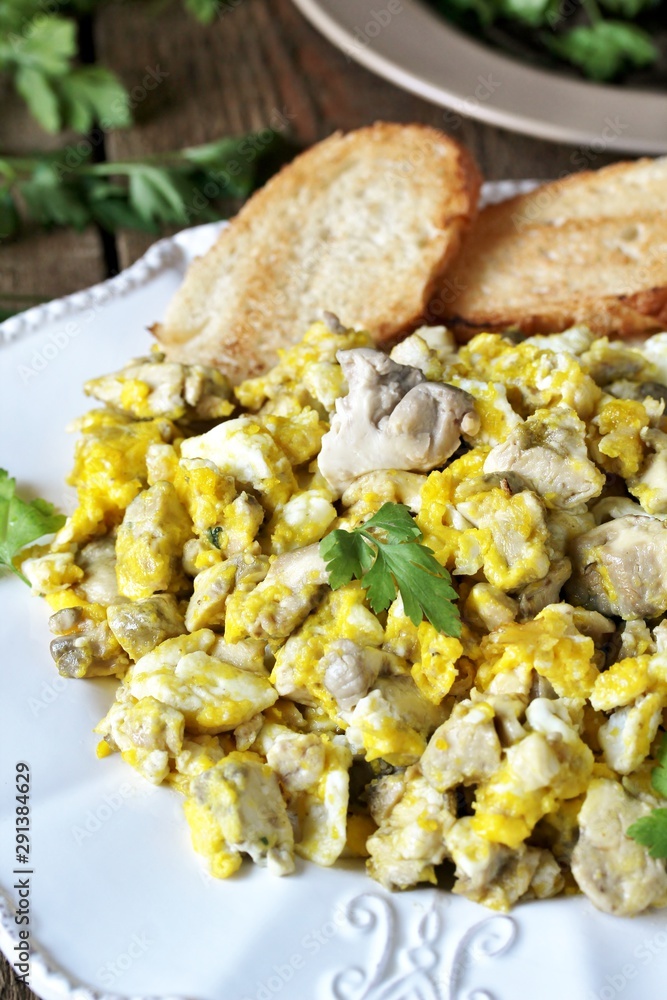 Scrambled eggs with brains of a cow, calf or sheep.The recipe for a