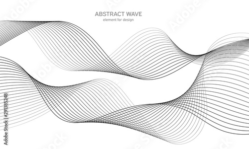 Abstract wave element for design. Digital frequency track equalizer. Stylized line art background. Vector illustration. Wave with lines created using blend tool. Curved wavy line, smooth stripe.