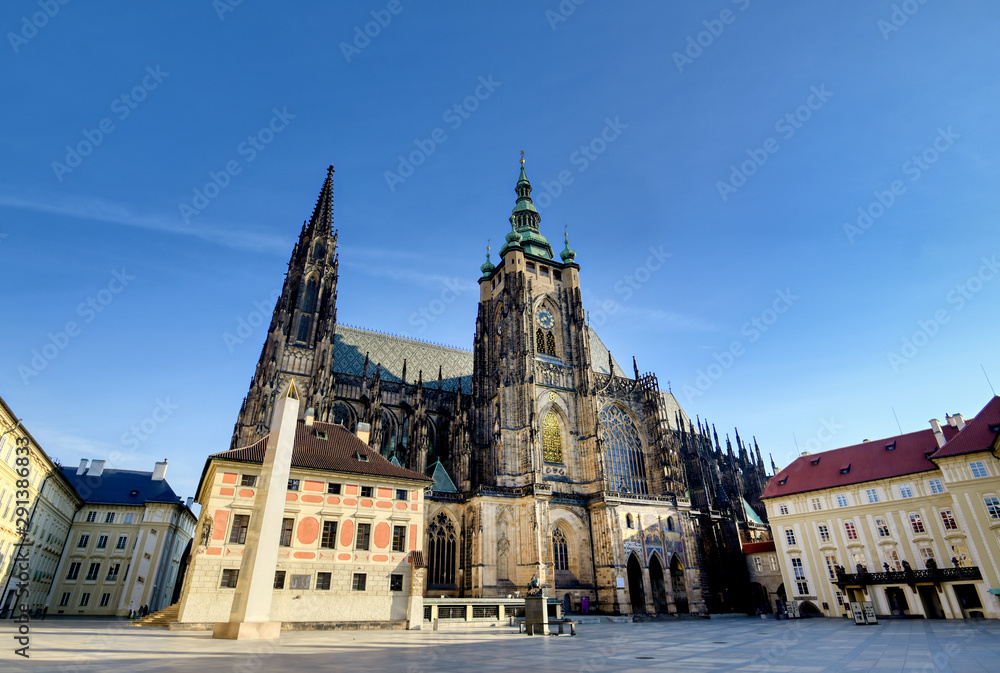 St. Vitus Cathedral inside of the Prague Castle complex built in the 9th century in Prague, Czech Republic.