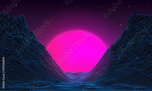 Wireframe background mountain landscape. 1980s retro wave style. Sci-Fi futuristic vector illustration of sunrise or sunset with starry sky.