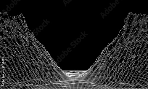 Abstract vector cyberspace background.Mountain landscape grid illustration. 3d technology wireframe vector. Digital mesh for banners.