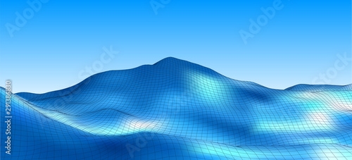 Abstract vector cyberspace wavy background. Ocean landscape grid illustration. 3d technology wireframe vector. Digital mesh for banners.
