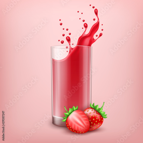 3d realistic glass of strawberry juice with splash and fresh strawberries on pink background