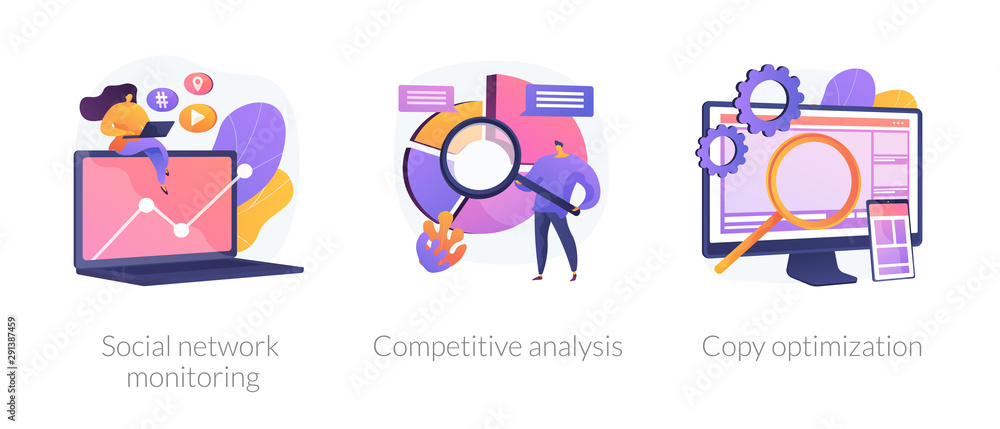 Internet advertisement analytics icons set. SEO solutions search. Social network monitoring, competitive analysis, copy optimization metaphors. Vector isolated concept metaphor illustrations. Internet advertisement analytics icons set. SEO solutions search. Social network monitoring, competitive analysis, copy optimization metaphors. Vector isolated concept metaphor illustrations.