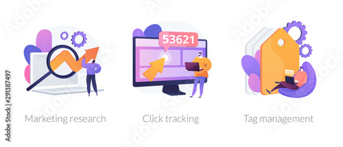 Online analytics icons set. Social network business development, strategy building. Marketing research, click tracking, tag management metaphors. Vector isolated concept metaphor illustrations.
