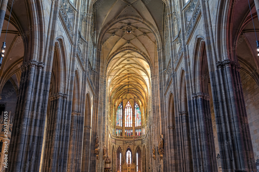 Prague, Czech Republic - May 8, 2019 - The interior of St. Vitus Cathedral inside of the Prague Castle complex built in the 9th century in Prague, Czech Republic.
