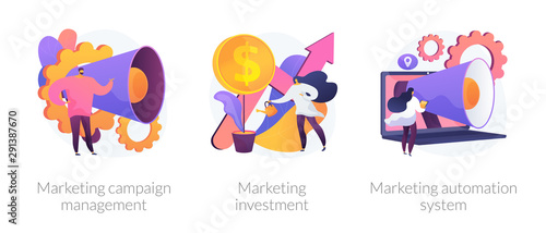 Business growth ways icon set. Workflow modernization. Marketing campaign management, marketing investment, marketing automation system metaphors. Vector isolated concept metaphor illustrations.