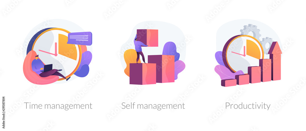 Performance increase ways icons set. Motivation and self discipline, goal achievement. Time management, self management, productivity metaphors. Vector isolated concept metaphor illustrations. Performance increase ways icons set. Motivation and self discipline, goal achievement. Time management, self management, productivity metaphors. Vector isolated concept metaphor illustrations.