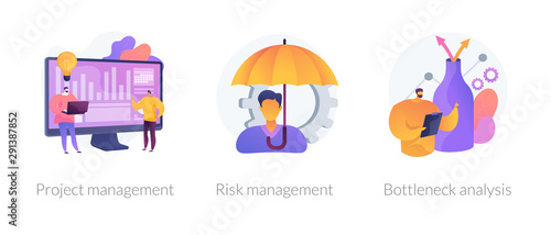Business setting strategy icons set. Risks assessment, market niche search. Project management, risk management, bottleneck analysis metaphors. Vector isolated concept metaphor illustrations.