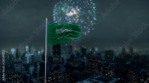 Saudi Arabia  Flag With Modern City Night Shot And Fireworks 3D Rendering