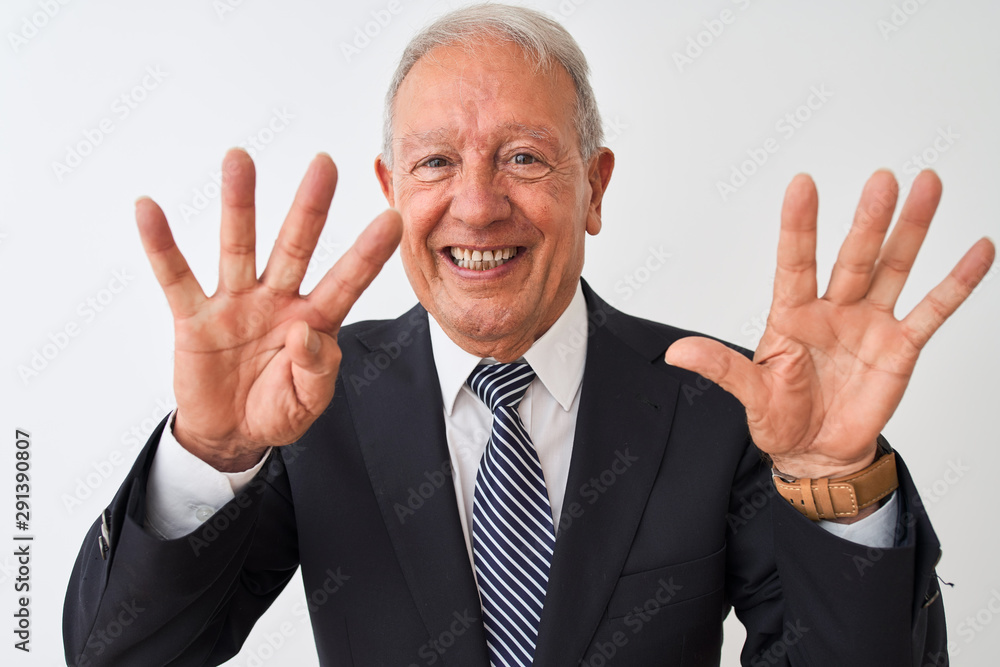 Senior grey-haired businessman wearing suit standing over isolated white background showing and pointing up with fingers number nine while smiling confident and happy. Senior grey-haired businessman wearing suit standing over isolated white background showing and pointing up with fingers number nine while smiling confident and happy.