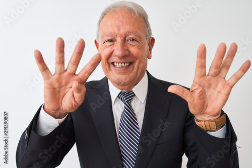 Senior grey-haired businessman wearing suit standing over isolated white background showing and pointing up with fingers number nine while smiling confident and happy.