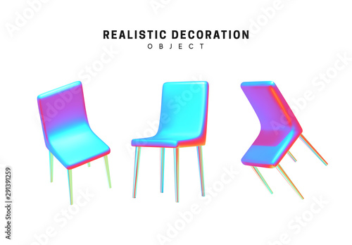 Set of chairs in color holographic gradient. realistic design elements, object in hologram color isolated on white background. vector illustration