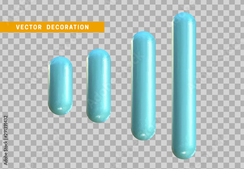 Set 3d blue capsule. Geometric Shapes Objects. Realistic geometry elements. plastic color gradient. Render Decorative figure for design. vector illustration on transparent background