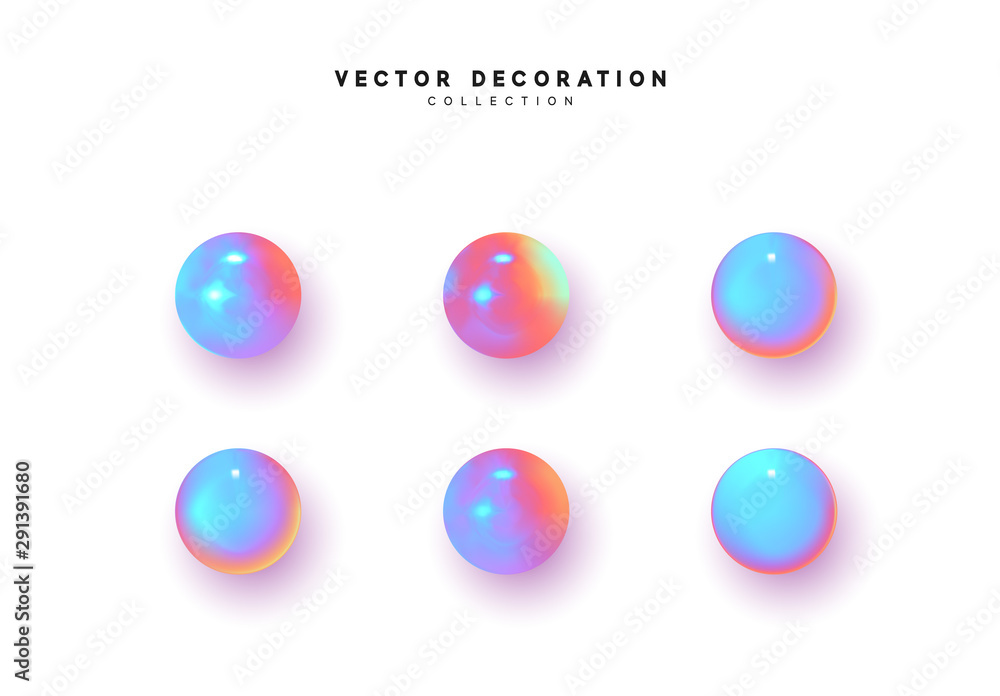 Set 3d object round sphere, ball with gradient holographic color of ...