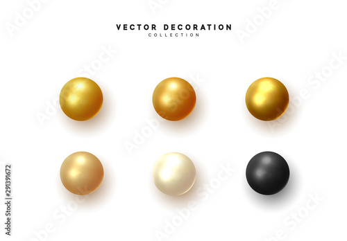 Set 3d object round sphere, golden, black, pearl and beige color ball. vector illustration