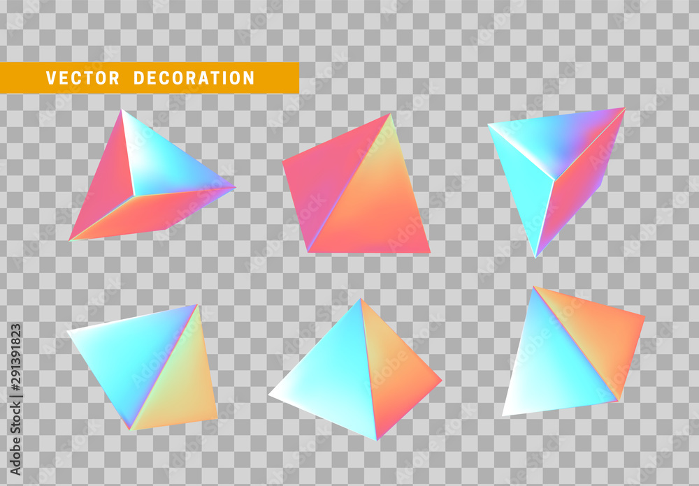 Pyramid volumetric. Set 3d holographic Geometric Shapes Objects. Realistic geometry elements on hologram color gradient. Render Decorative figure for design. vector illustration Pyramid volumetric. Set 3d holographic Geometric Shapes Objects. Realistic geometry elements on hologram color gradient. Render Decorative figure for design. vector illustration