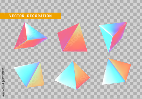 Pyramid volumetric. Set 3d holographic Geometric Shapes Objects. Realistic geometry elements on hologram color gradient. Render Decorative figure for design. vector illustration