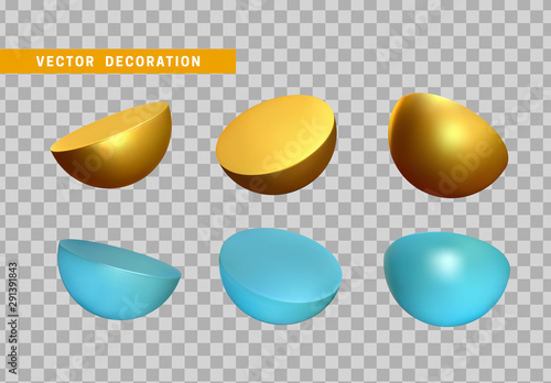 Set Golden and blue Half round sphere volumetric ball. 3d Geometric Shapes Objects. Realistic geometry element. Render Decorative figure for design. vector illustration