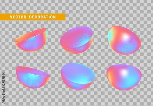 Set Half round sphere volumetric ball. 3d holographic Geometric Shapes Objects. Realistic geometry elements on hologram color gradient. Render Decorative figure for design. vector illustration
