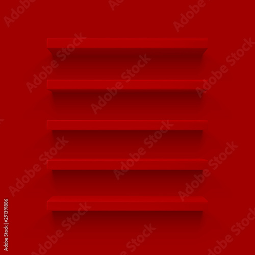 Red 3d shelf on the wall. Wooden horizontal realistic empty shelf