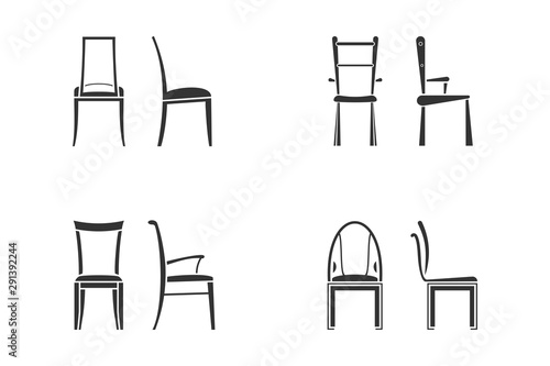 Black and white chair icon set for kitchen room. Front view and side view of different chair flat style, vector illustration
