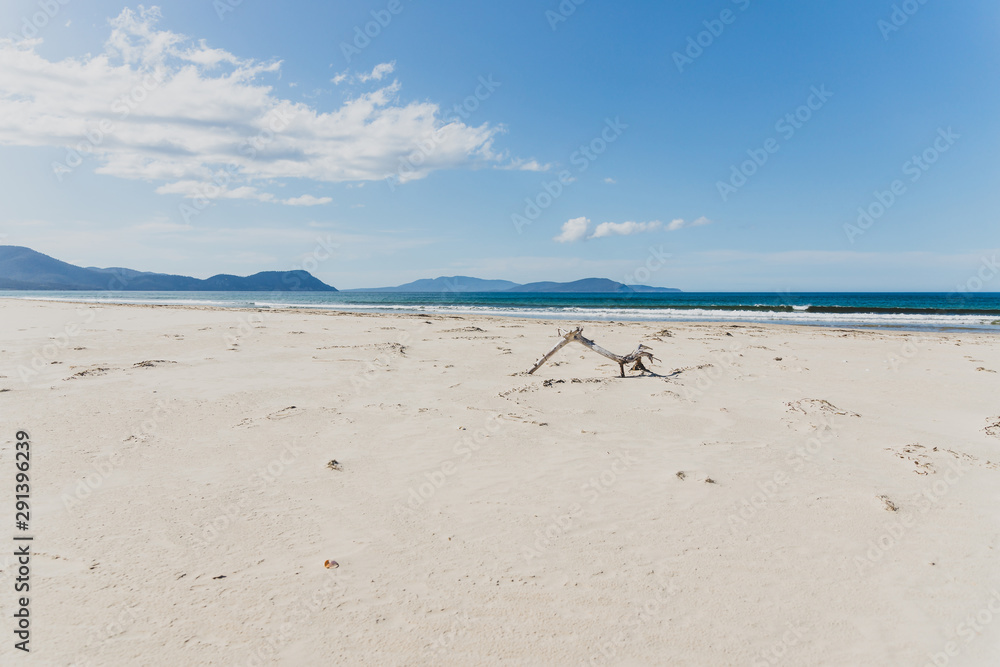 Obraz premium sunny pristine and deserted beach overlooking the South Pacific Ocean