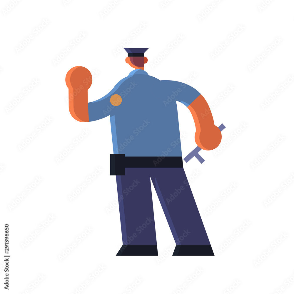 male police officer holding hand with stop gesture policeman in uniform holding stick security authority justice law service concept flat full length white background