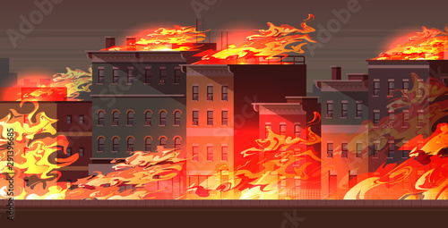fire in burning buildings on city street orange flame cityscape background flat horizontal